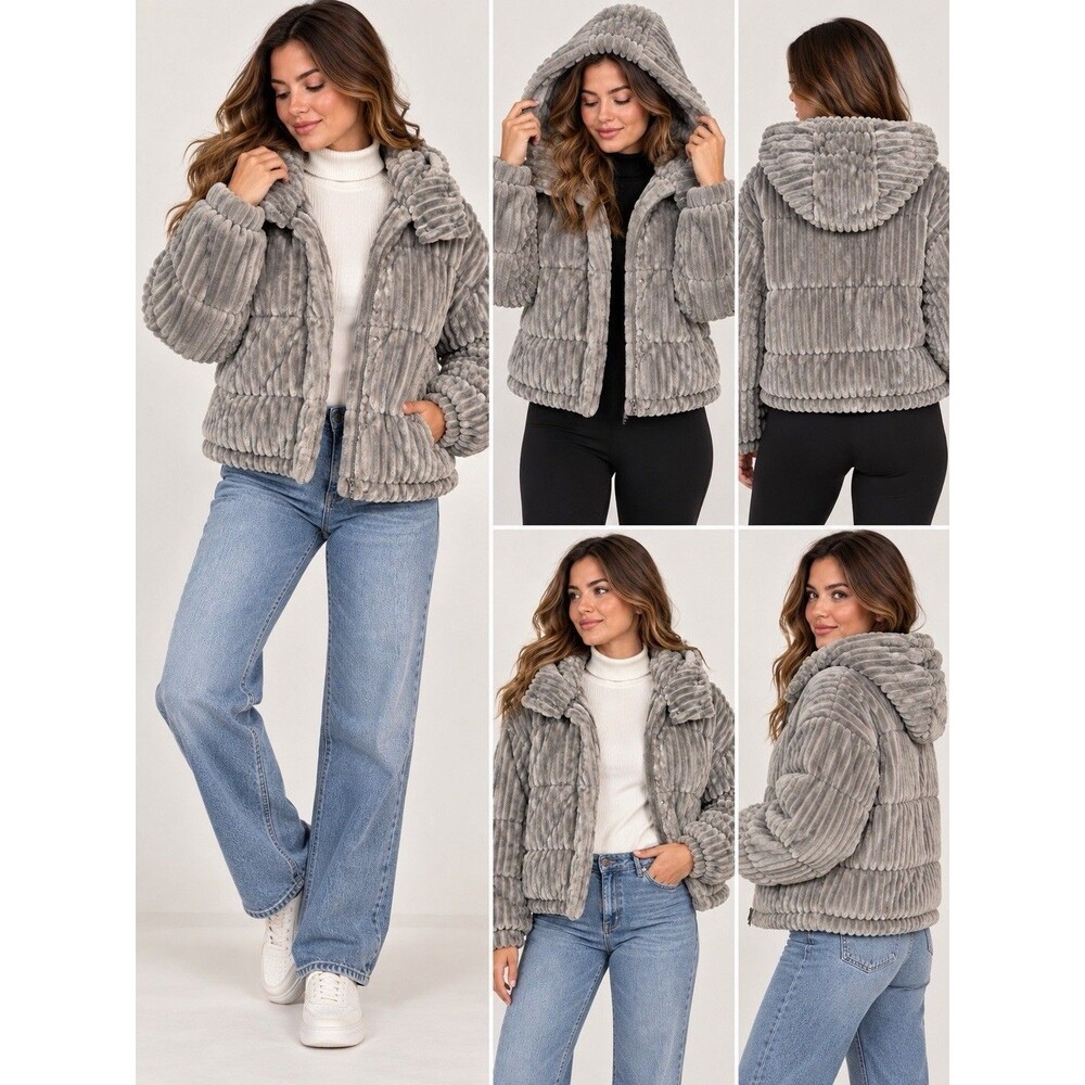 American Eagle Women’s Medium Gray Plush Faux Fur Puffer Hooded Jacket Coat